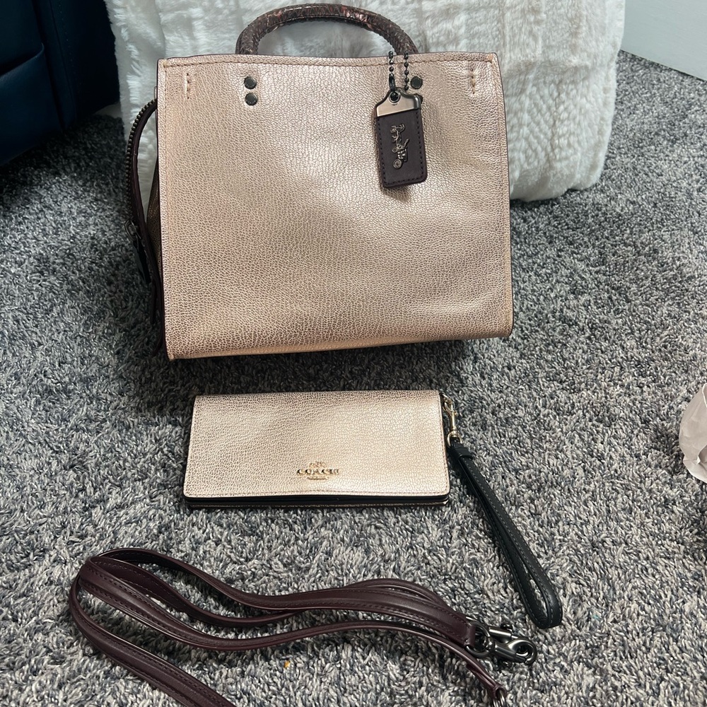 Sold Coach Metallic Rose Gold and snakeskin Rogue 25